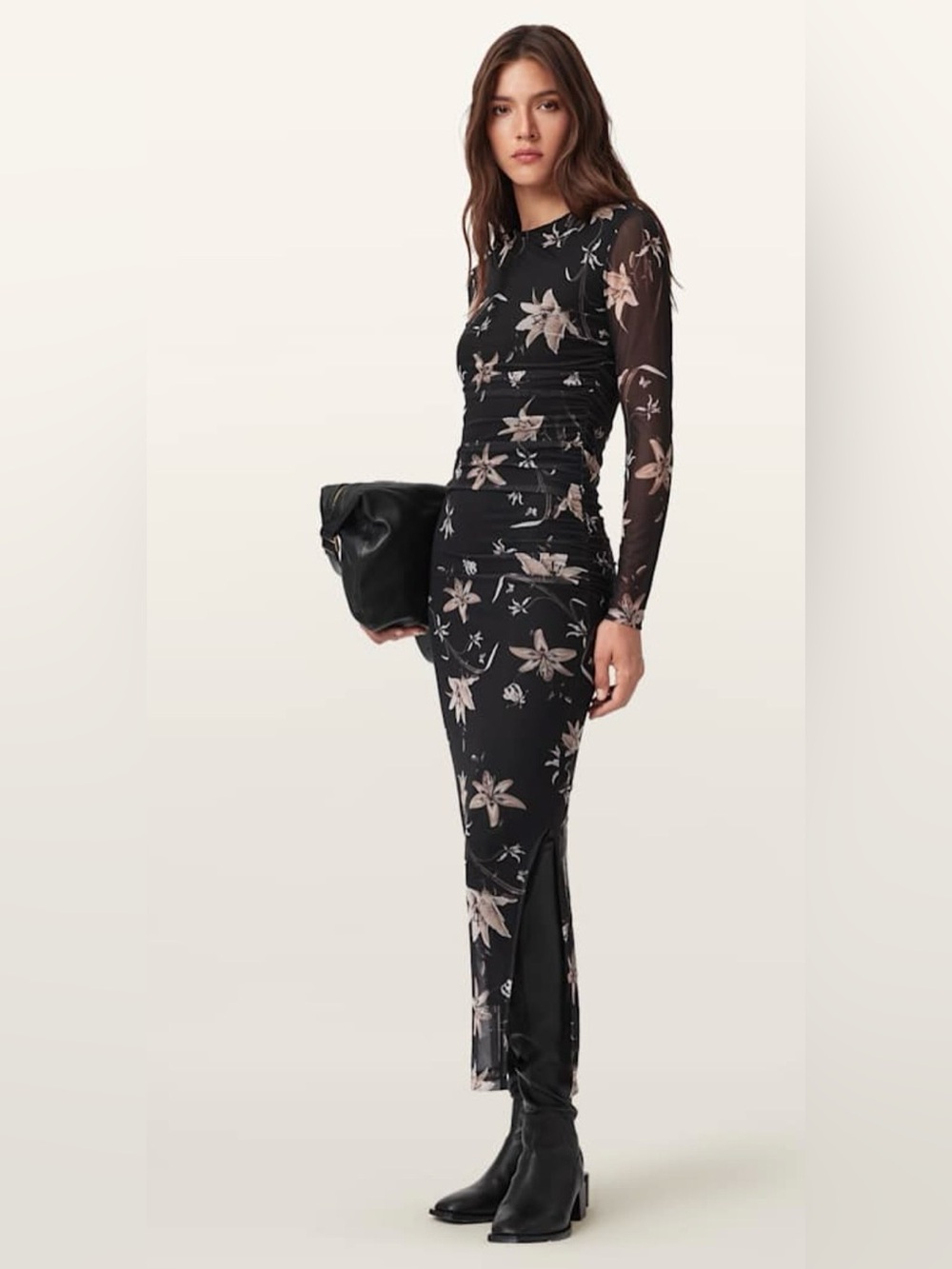 All Saints Caia Mesh Maxi Dress with Sepia Floral Print